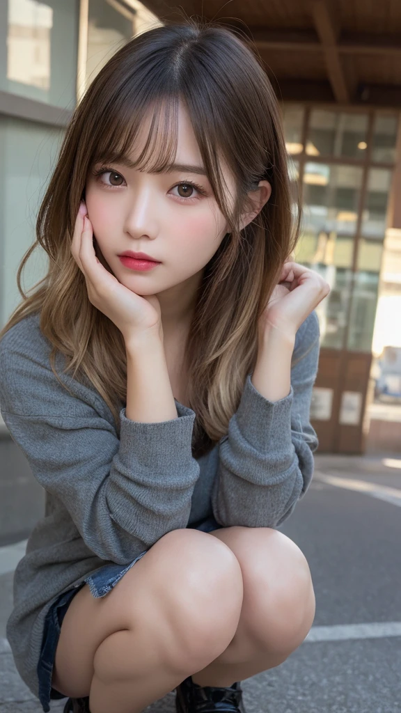 finely detail, hight resolution, hightquality、Perfect dynamic composition, Beautiful detailed eyes, Medium Hair, Colossal tits 、Natural Color Lip, Squatting,Kamimei、Shibuya、college aged、1人、Transparent skin、Glowing hair