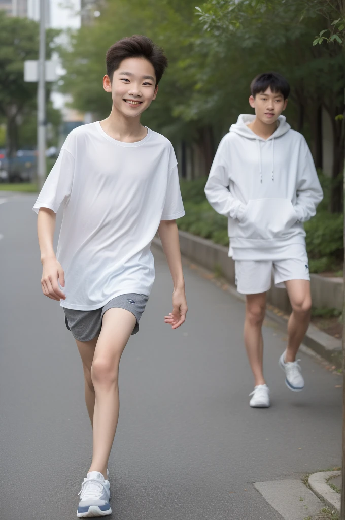 12-year-old boy,Smile，Spread your white and slender legs，jogging，full body，8K facial features are exquisite，Handsome boyish feeling，8k，masterpiece,((best quality)),photography,