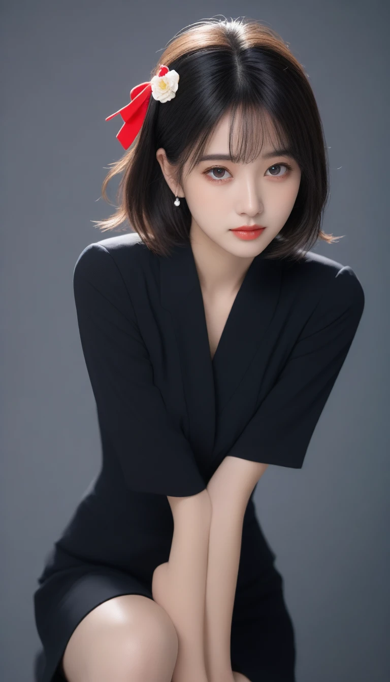 8k, Ultra-high resolution, Highest quality, masterpiece, 三分割法によるphotograph,Surreal, photograph, 1 Girl, (40 years old:1.3), pretty girl, Cute Face, Beautiful eyes in every detail, 細かくdetailedに,masterpiece,One Girl:1.2,Mature Woman,full body,sad,streaming tears,Black short hair,Messy bun hair,(black suit:1.3),Nun's clothing,Black Pencil Skirt,(印象派の美しい少女のPortraiture), (Gray background:1.3),(Impressionist light and colour),Dedication to God,Black Stockings,Stiletto pumps,Realistic Skin, Perfect and beautiful face ,完璧でCute Face, Skin with attention to detail, Perfect limbs、Narrow waist,Looking at the audience、beauty,Long neck,clavicle,(((Ideal body type))),A cup small breasts :2,Portraiture:2,Perfect Anatomy,鮮明なdetailed,detailed,Surreal,Light and shadow,spotlight