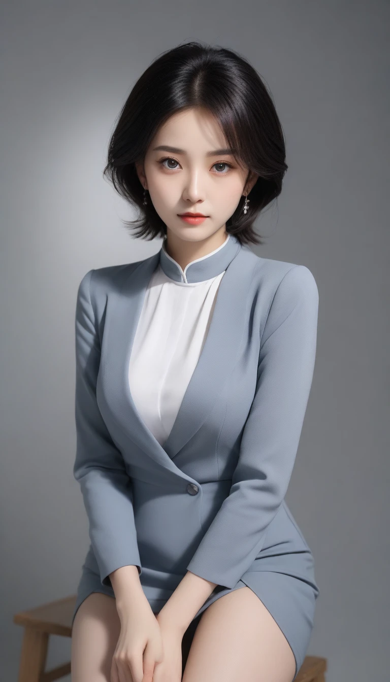 8k, Ultra-high resolution, Highest quality, masterpiece, 三分割法によるphotograph,Surreal, photograph, 1 Girl, (40 years old:1.3), pretty girl, Cute Face, Beautiful eyes in every detail, 細かくdetailedに,masterpiece,One Girl:1.2,Mature Woman,full body,sad,streaming tears,Black short hair,Messy bun hair,(black suit:1.3),Nun's clothing,Black Pencil Skirt,(印象派の美しい少女のPortraiture), (Gray background:1.3),(Impressionist light and colour),Dedication to God,Black Stockings,Stiletto pumps,Realistic Skin, Perfect and beautiful face ,完璧でCute Face, Skin with attention to detail, Perfect limbs、Narrow waist,Looking at the audience、beauty,Long neck,clavicle,(((Ideal body type))),A cup small breasts :2,Portraiture:2,Perfect Anatomy,鮮明なdetailed,detailed,Surreal,Light and shadow,spotlight
