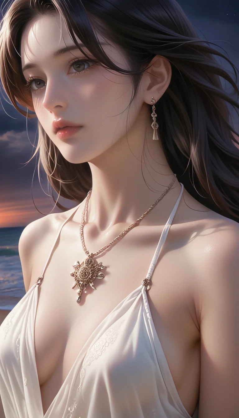 score_9, score_8_superior, score_7_superior,
Masterpieces with up to 16K resolution,Highest quality,it is really amazing,Very detailed,Ultra-high resolution,Real,Realistic,Increased depth of field,Cinematic lighting,
1 sexy japanese mature,
Long black hair,Ultra-detailed and beautiful faces,Translucent white skin,Very detailedな肌の質感,Slender body,Anatomically correct body,
(Elegant swimwear:1.2),
Artistic design,Beautiful and detailed pattern,Detailed fabric texture, Gorgeous necklace,Earrings,
(Coastal scenery at night:1.2),
Dark Clouds,Dark Sky,delay々Continuing sandy beach, Deserted Beach,Dark sea surface,
(Face close-up:1.2),