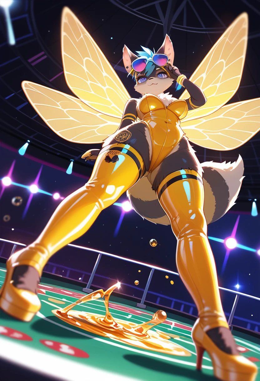 Highest quality, Highest quality, High quality illustrations, masterpiece, Ultra-high resolution, Detailed Background, Casino Club, Disco, Absurd, Perfect ???????, performance, Good lighting, Shadows in the movies(kemono, Furry Personifi猫ion), bee, honey colored, Honey Latex, neon, neonカラー, cyber punk, 蜜beeの衣装, 蜜beeコスプレ, ラバーの蜜beeの尻尾, Bee Wings, enamel, sunglasses, Tattoo, first round, Dynamic Angle