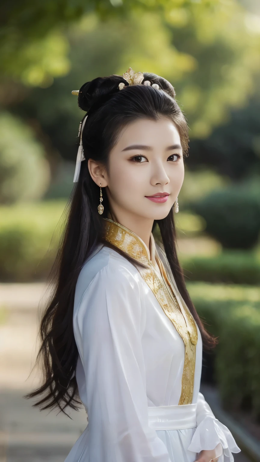 Front view,  standing pose, Chinese girl, 21 century, looking at viewer, beautiful Chinese  Young General, 26 years old, (Highly detailed face, Ordinary eyes,  Tapered eyebrows, Brown  eye, Variegated eyes, Fuller lips, little Lips, smile),(gold earning, white pearl neck less, lady's watch ),in palace Garden, sunset ,(masterpiece, Highest quality, masterpiece, God-like quality, Godly art, , Very realistic)