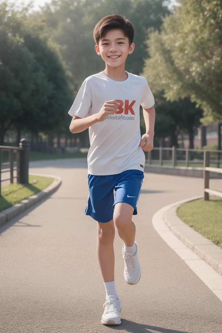 12-year-old boy,Smile,Spread your white and slender legs,jogging,full body,8K facial features are exquisite,Handsome boyish feeling,8k,masterpiece,((best quality)),photography,photograph