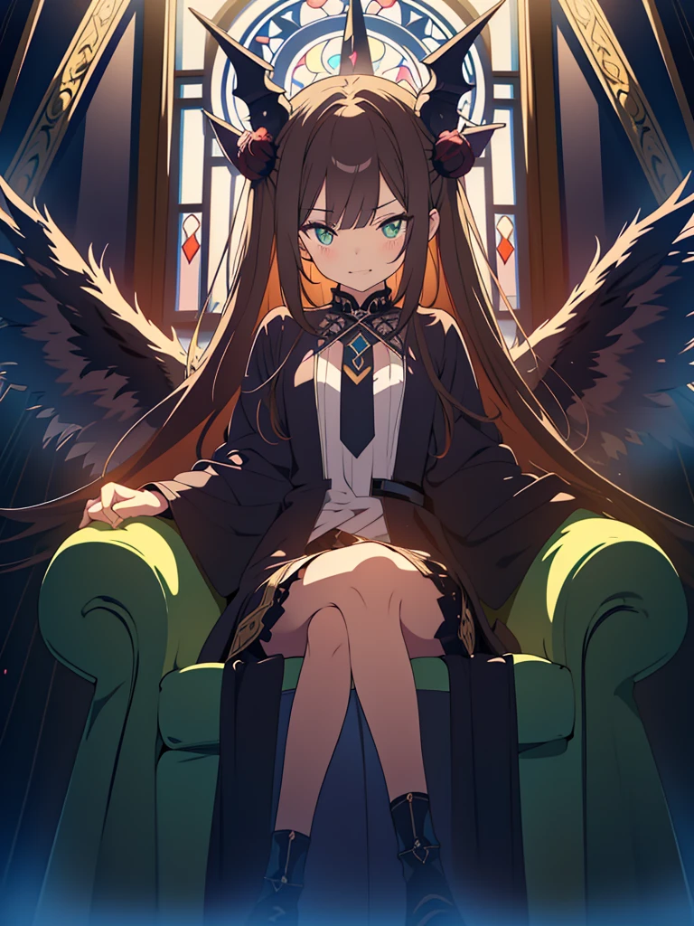 kawaii, anime, Cute, hyper quality, highly detailed, 8k, Clarity,  with glowing green eyes, dark brown long hair, Dark Demon King, devil's peak, black eagle wings on the back, Throne room of the abyss, Crystal pillars reaching to the sky, dark sky, hellfire, sit cross-legged on the throne, wield a cane in one's hand, Draw facial expressions in detail, Showing succubus fangs with a creepy expression, Draw the whole body with a drawn composition, grin fearlessly, Wear an aura of darkness, ominous sky, Inciting point of view, to intimidate, Overwhelming, Stained glass, brandish a cane, dark magic effects, dark fog drifts, cross your legs, cross your legs, Right eye is glowing, 
