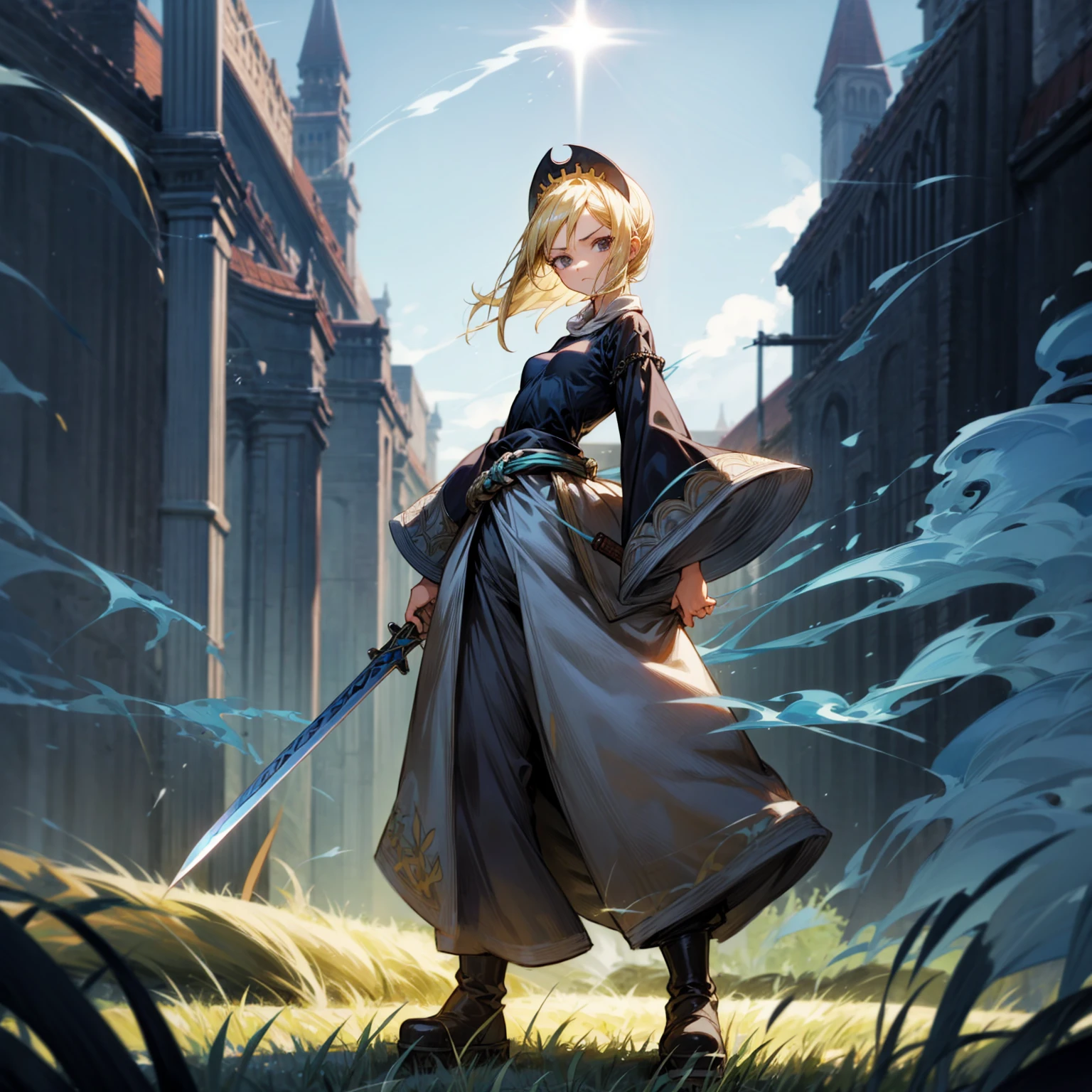 1girl, Full body version, 1character, black eyes, long Frizzy haircut, blonde colour hair, medieval clothing, long pants, headband, boots, Grassroots, full background in field town, motion blur, lighting, (one piece art), standing poses, sword in hand, blue smoke on background