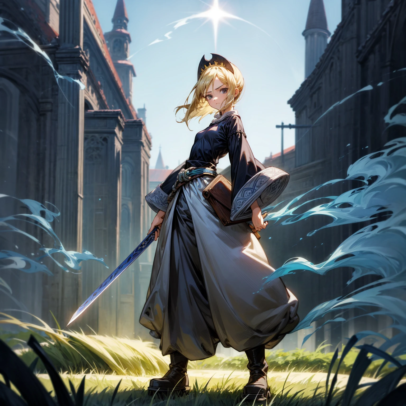 1girl, Full body version, 1character, black eyes, long Frizzy haircut, blonde colour hair, medieval clothing, long pants, headband, boots, Grassroots, full background in field town, motion blur, lighting, (one piece art), standing poses, sword in hand, blue smoke on background
