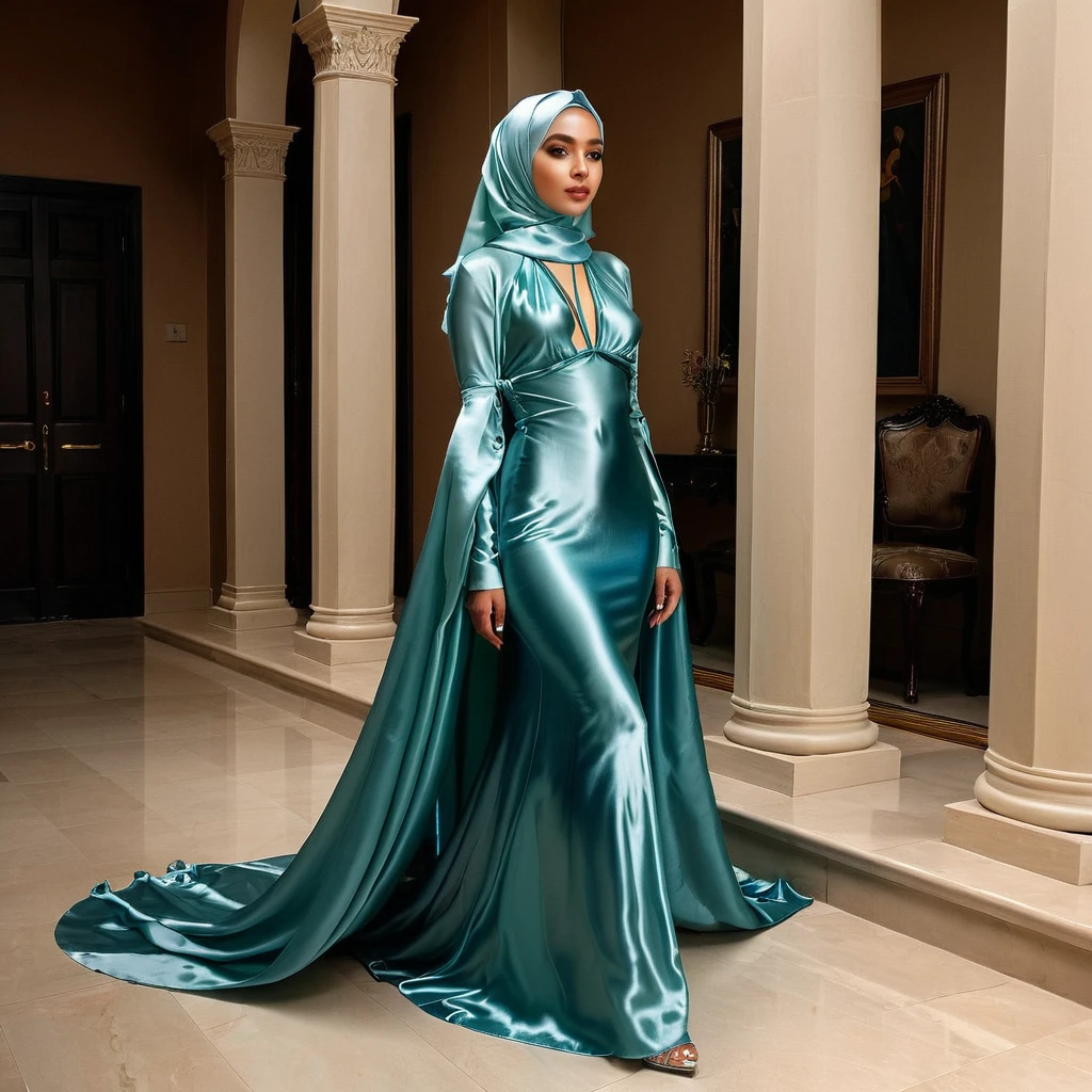a woman in the translucent silk gown, tight full body tied, satin sheet, nipple on with nipple piercing, wear modern hijab, full body, long satin,mermaid tight long gown, flowy dramatic long gown, tall women, strugle to walk, wear high heels, masterpice