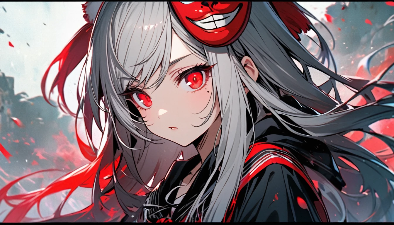 Teenage girl character. Grey hair, glowing red eyes, long hair, mole under left eye. Describe the figure only. Wearing a monkey mask. Single. Upper body