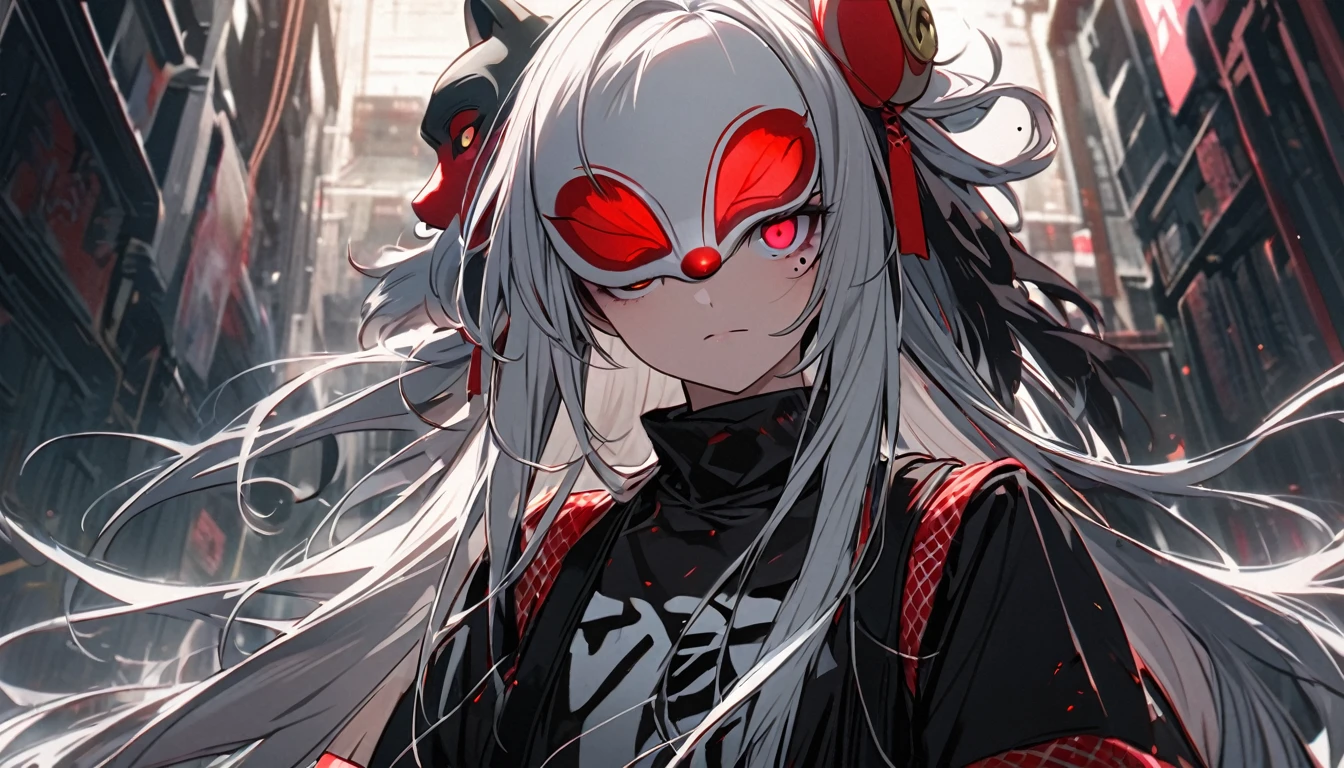  girl character. Grey hair, glowing red eyes, long hair, mole under left eye. Describe the figure only. Wearing a monkey mask. Single. Upper body