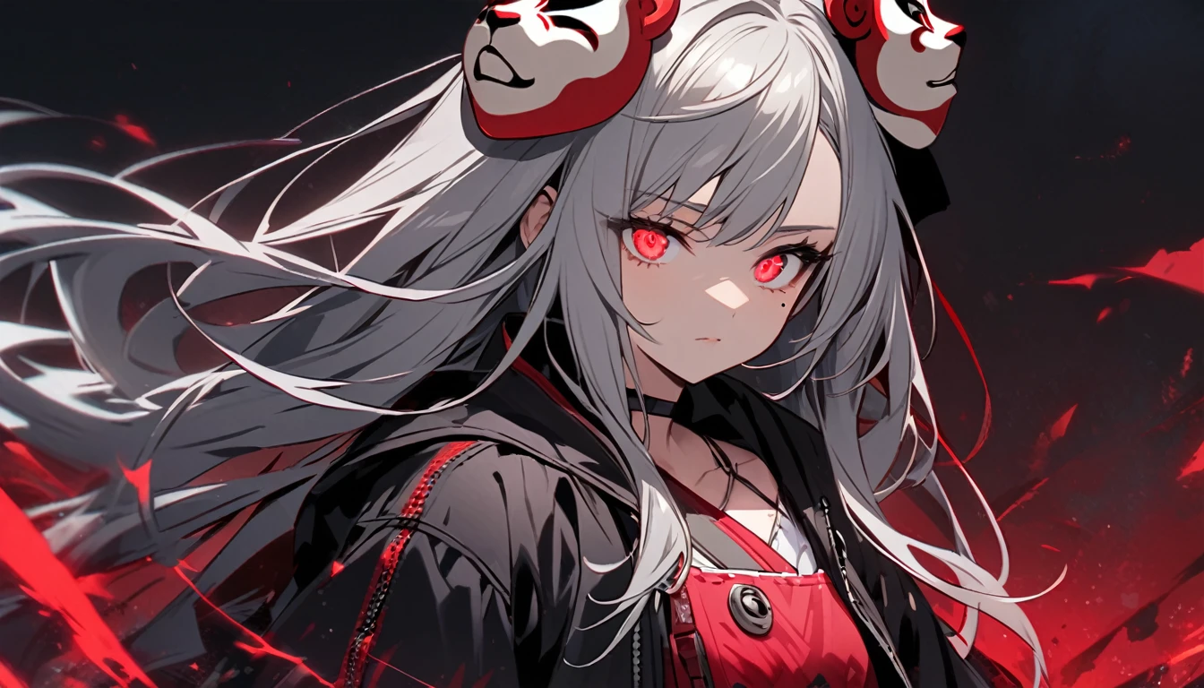  girl character. Grey hair, glowing red eyes, long hair, mole under left eye. Describe the figure only. Wearing a monkey mask. Single. Upper body