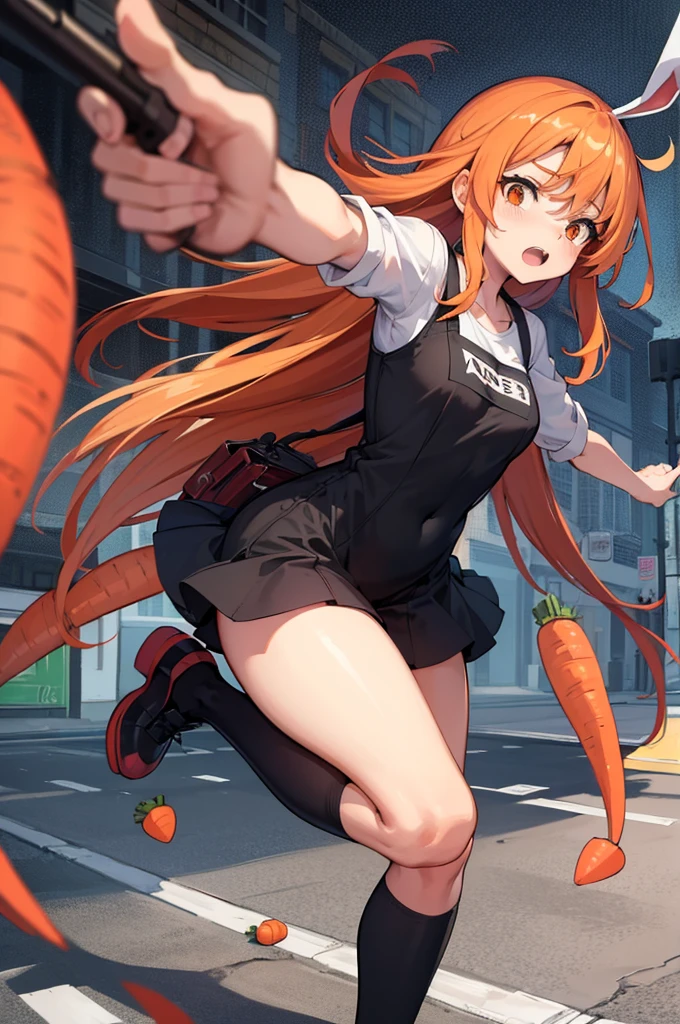 drawing in ink and canvas: The carrot similar to Claudia Sheinbaum alarmed and scared running in the street with a sign that says " Run, the September crisis is coming"