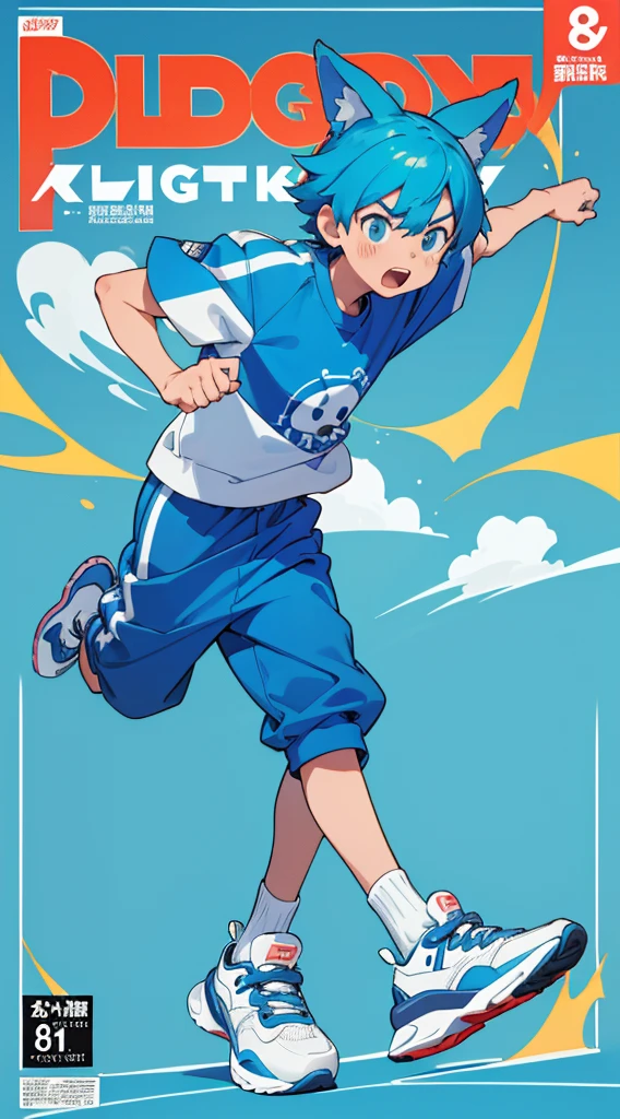 A bright blue dog-themed character, Wearing big sneakers, サイバーパンク, Magazine Cover, Simple Background, Running around, boy, raised fist, projected inset, UHD, best quality, highres, 8k