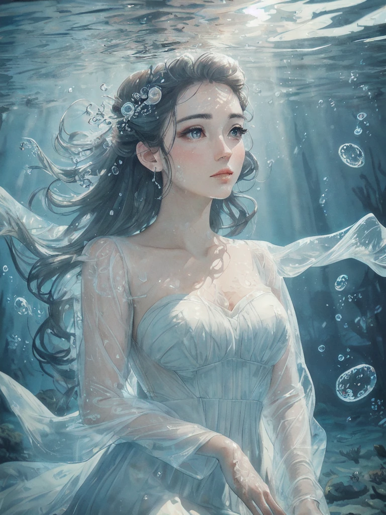 beautiful woman, masterpiece, best quality, portrait, close up, detailed face and eyes, dress, underwater hair physics, air bubbles, ((light coming through water)), solo focus, depth of field, ambient lighting, atmospheric, intricate details, soft light, artstation, ((look at the view, face up))