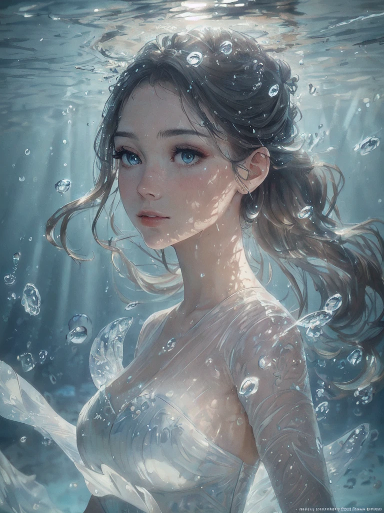 beautiful woman, masterpiece, best quality, portrait, close up, detailed face and eyes, dress, underwater hair physics, air bubbles, ((light coming through water)), solo focus, depth of field, ambient lighting, atmospheric, intricate details, soft light, artstation, ((look at the view, face up))