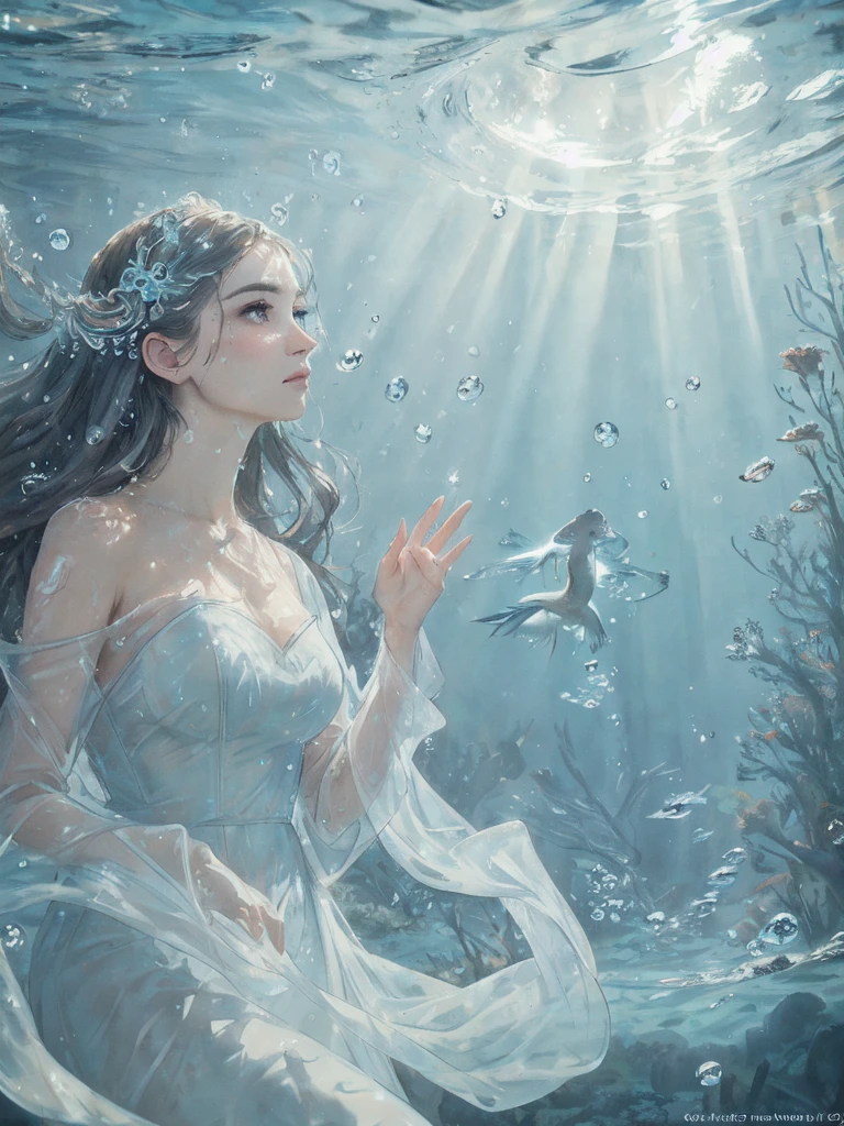 beautiful woman, masterpiece, best quality, portrait, close up, detailed face and eyes, dress, underwater hair physics, air bubbles, ((light coming through water)), solo focus, depth of field, ambient lighting, atmospheric, intricate details, soft light, artstation, ((look at the view, face up))