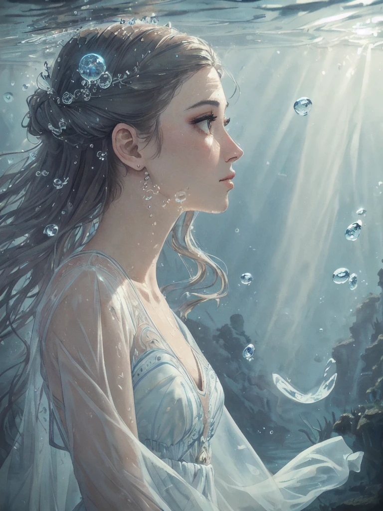 beautiful woman, masterpiece, best quality, portrait, close up, detailed face and eyes, dress, underwater hair physics, air bubbles, ((light coming through water)), solo focus, depth of field, ambient lighting, atmospheric, intricate details, soft light, artstation, ((look at the view, face up))