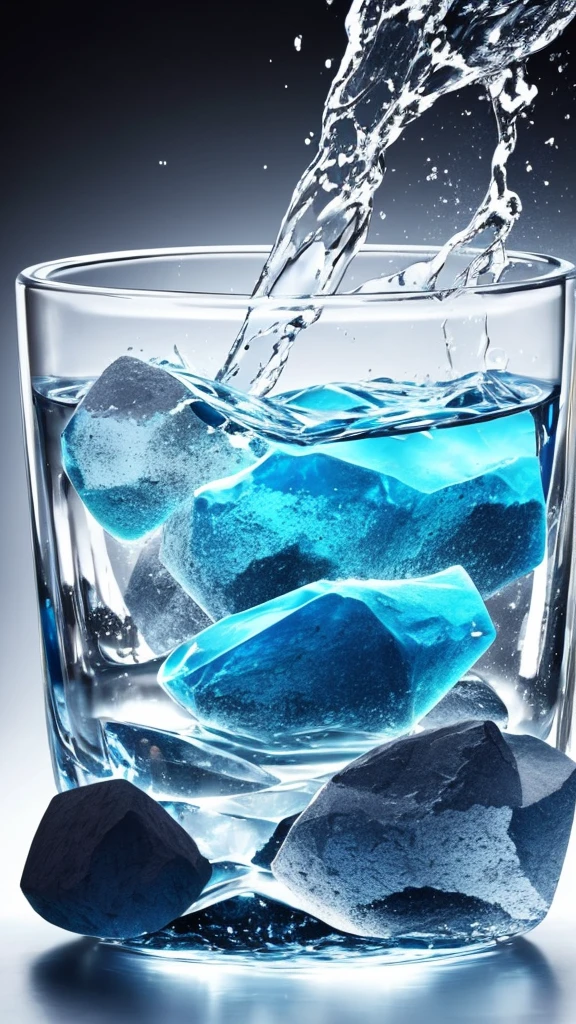 create an image, a glass of water is splashed with a large rock, the rock melts