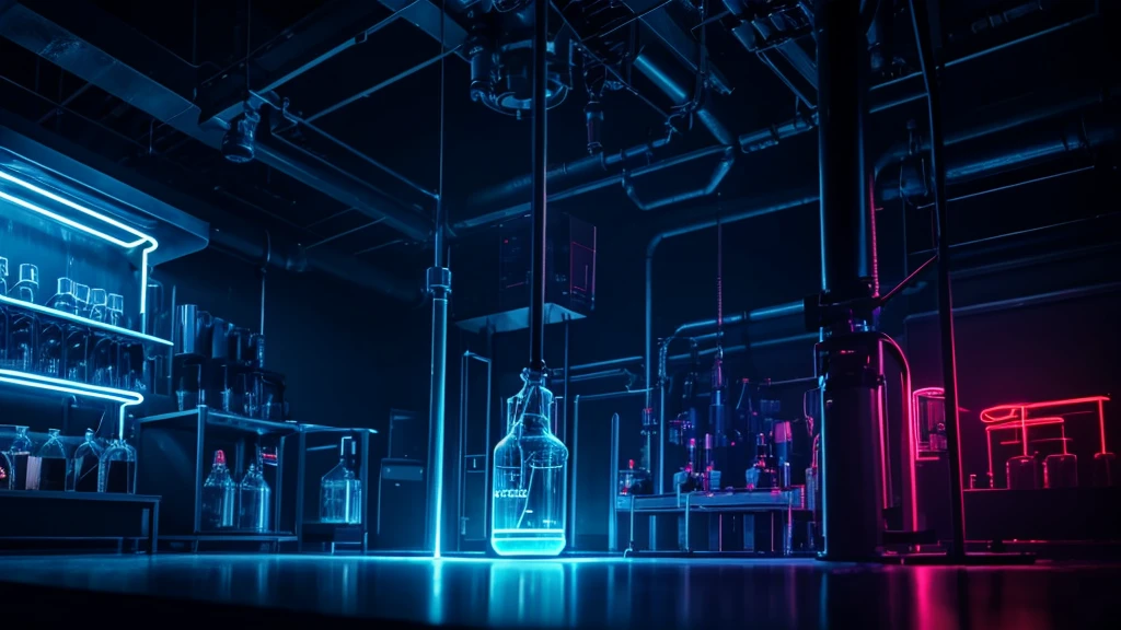 a cool science lab, big spiders, dark background, tesla coil, neon lights, glowing beakers, futuristic technology, advanced machinery, ominous atmosphere, photorealistic, 8k, high quality, concept art, moody lighting, cinematic composition