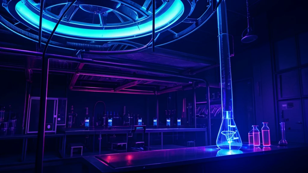 a cool science lab, big spiders, dark background, tesla coil, neon lights, glowing beakers, futuristic technology, advanced machinery, ominous atmosphere, photorealistic, 8k, high quality, concept art, moody lighting, cinematic composition