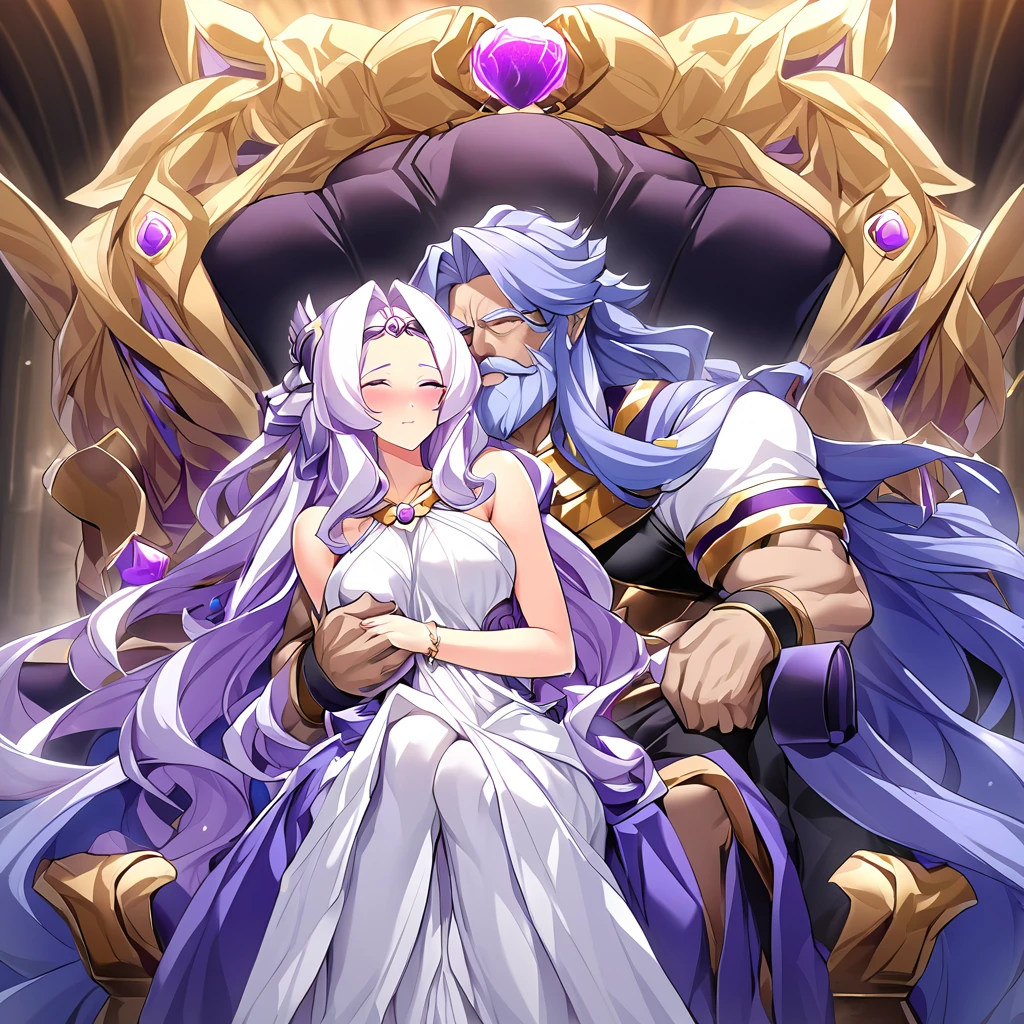 ((Highest quality)), ((masterpiece)), (detailed), (Perfect Face)、Women are divine in both mind and body, like the Greek goddess Hera.々Hera, the wife of Zeus, king of the gods, is a goddess and queen who happily hugs and kisses a man, making love and embracing each other.、The woman is the goddess Hera, the queen of the one and only god Zeus. She has medium-long hair, wears a gorgeous ancient Greek Doric chiton, an engagement ring, and gorgeous accessories. She is an elegant, graceful, and beautiful goddess, Hera, and the wife of Zeus.、A woman is seen embracing, kissing and cuddling with the majestic, bearded, elderly man of the ancient Greek god Zeus, wearing a Doric chiton, on a magnificent throne in a temple.、A man wearing an ancient Greek Doric chiton is a dignified, bearded old man, the god Zeus, embracing, caressing and fondling a woman.