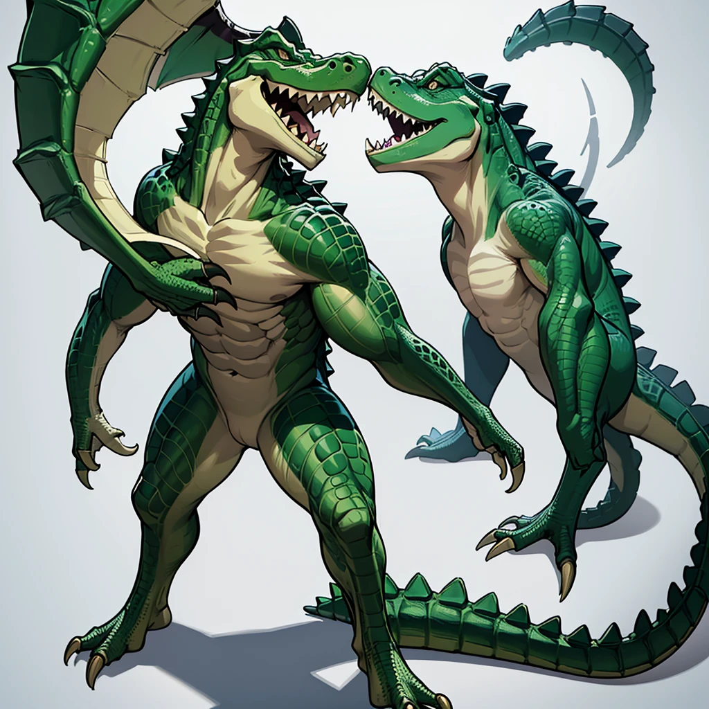 (Full body character concept、group)、8k、Best illustrations、Best Quality、((((No humans)))), reptiles,, green body, Crocodile human, Muscular,、Combat Stance、(Crocodile scales)、From above at an angle、(White background)