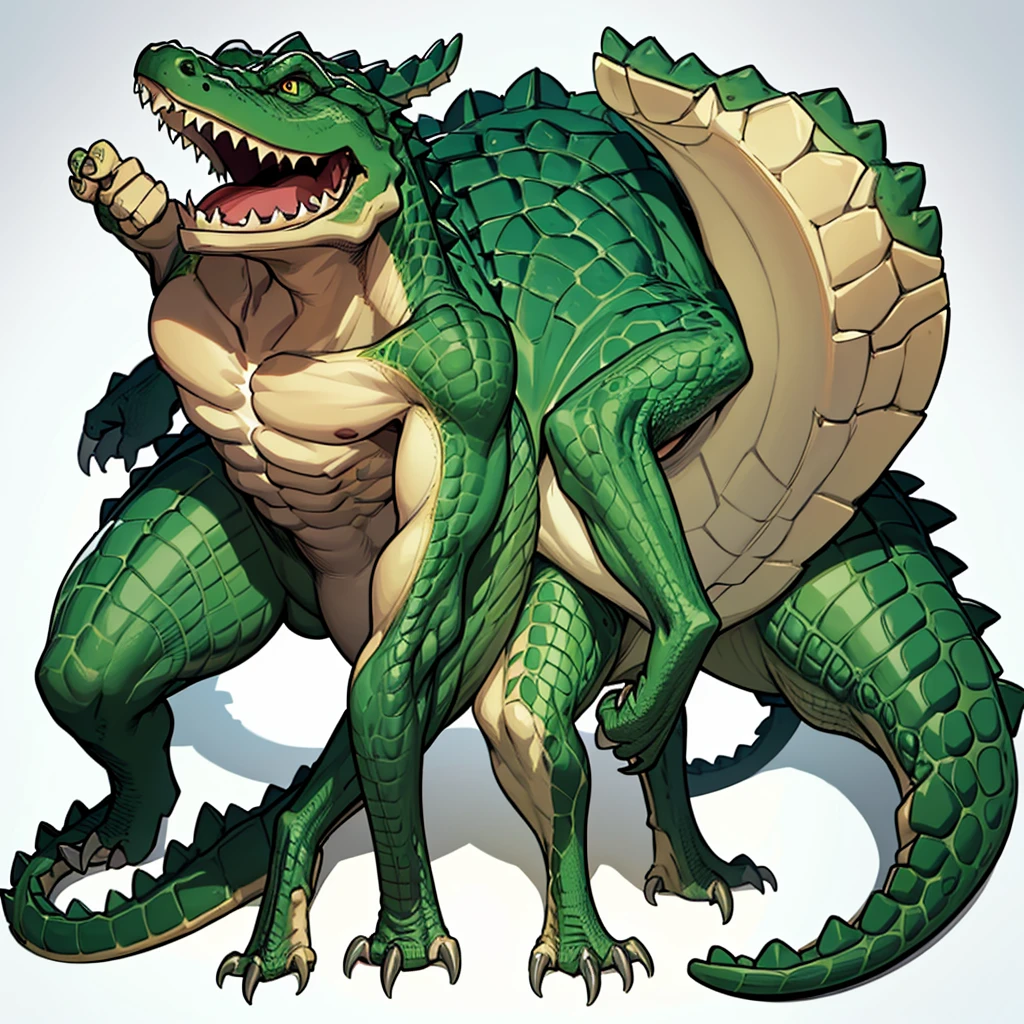 (Full body character concept、group)、8k、Best illustrations、Best Quality、((((No humans)))), reptiles,, green body, Crocodile human, Muscular,、Combat Stance、(Crocodile scales)、From above at an angle、(White background)