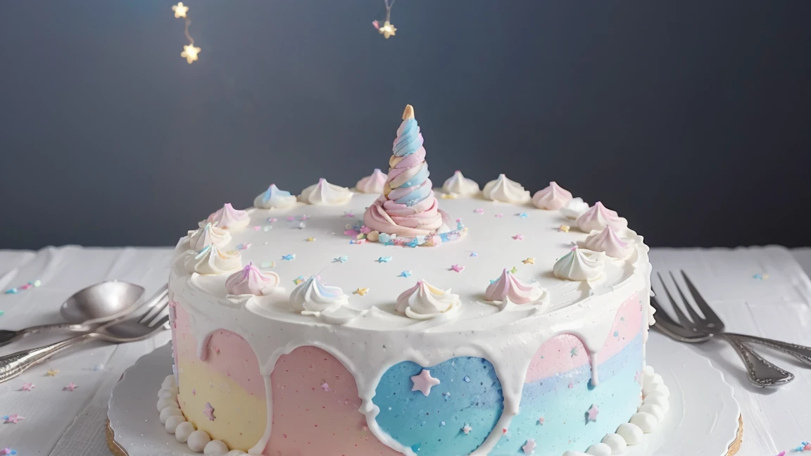 A beautifully decorated cake with layers of rainbow colors and a delicate white icing. The top of the cake features an edible unicorn figurine surrounded by tiny stars. The background transitions from a soft pink to a light blue, enhancing the magical and festive aesthetic.