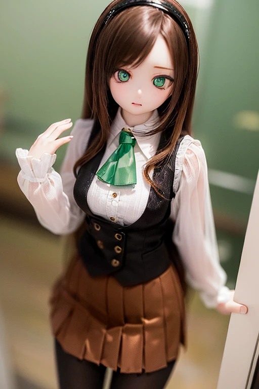 (SFW:2), photorealistic, realistic photo, 8k, ((highest quality)), ((masterpiece)), (extremely detailed), kukolnydom, doll, (mature woman, 21yo, 21 years old, solo:1.6), (cowboy shot, standing, slim, slender, skinny, , hairband, ascot, vest, blouse, long puff sleeves, pleated skirt, black pantyhose, green eyes, brown hair, long hair, plastic skin, looking at another, glass eyes, gradient eyes, shining eyes, detailed eyes:1.3)