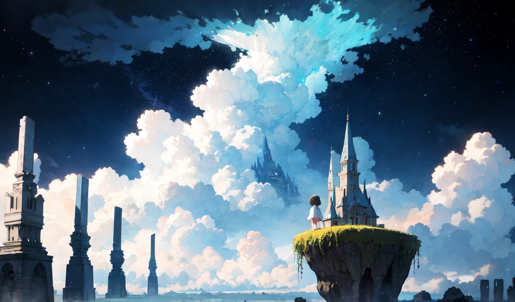 Ghibli Anime Style, front、Cute Kemomimi Girl、From behind,Above the Clouds,Sitting on the moss-covered stage、A view of the magnificent lost city and the giant world tree next to it、Cute Kemomimi Girl、lost city Above the Clouds and towering sky, Magic glowing particles, Fluffy clouds float、A dreamlike sky of vivid colors,Flower field information、Starry Sky