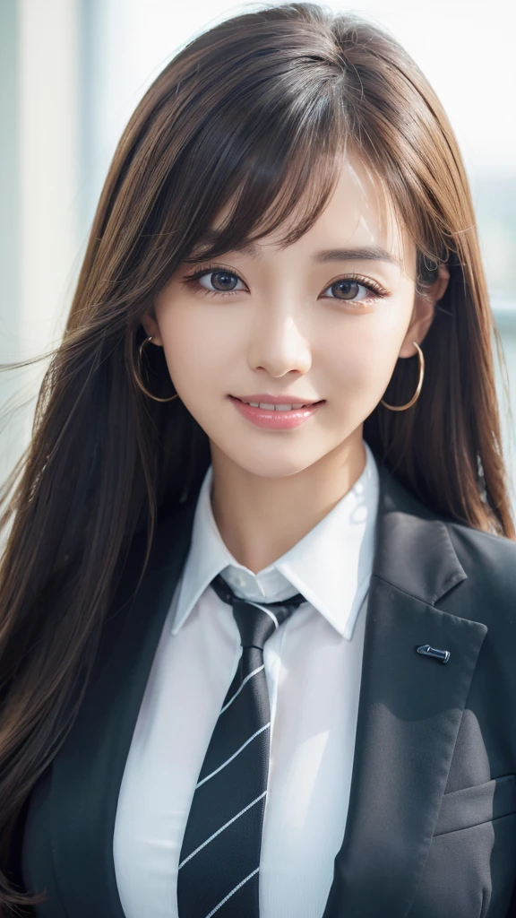 table top、highest quality、genuine、Super detailed、finely、High resolution、8k wallpaper、one beautiful woman、、、light brown disheveled hair、wearing a business suit、sharp focus、perfect dynamic composition、beautiful and detailed eyes、thin hair、Detailed genuine skin texture、smile、model body shape、In Tokyo at morning、