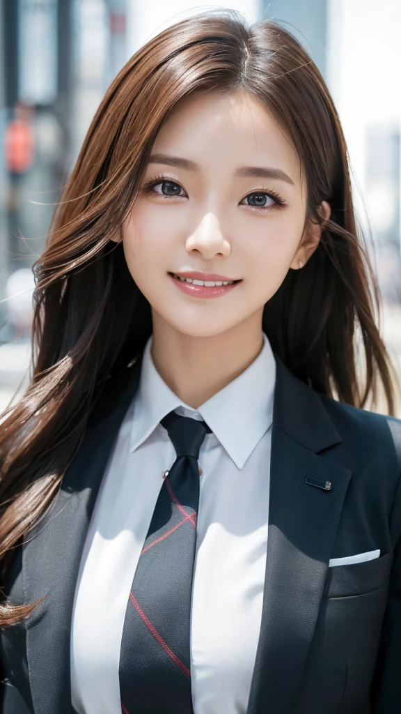table top、highest quality、genuine、Super detailed、finely、High resolution、8k wallpaper、one beautiful woman、、、light brown disheveled hair、wearing a business suit、sharp focus、perfect dynamic composition、beautiful and detailed eyes、thin hair、Detailed genuine skin texture、smile、model body shape、In Tokyo at morning、