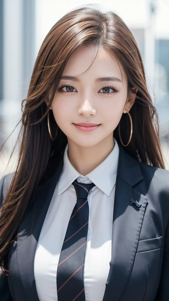 table top、highest quality、genuine、Super detailed、finely、High resolution、8k wallpaper、one beautiful woman、、、light brown disheveled hair、wearing a business suit、sharp focus、perfect dynamic composition、beautiful and detailed eyes、thin hair、Detailed genuine skin texture、smile、model body shape、In Tokyo at morning、