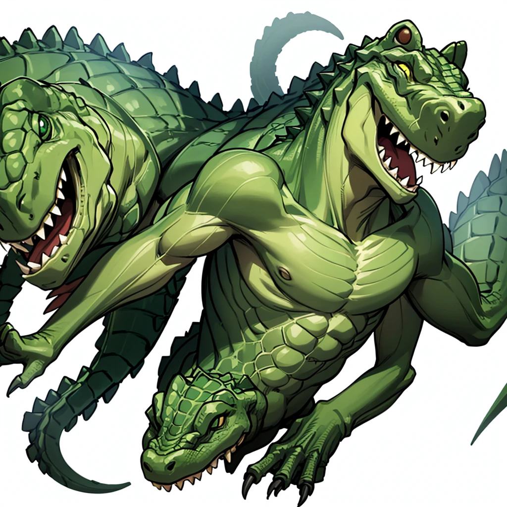 (Full body character concept、group)、8k、Best illustrations、Best Quality、((((No humans)))), reptiles,, green body, Crocodile human, Muscular,、Combat Stance、(Crocodile scales)、From above、(White background)