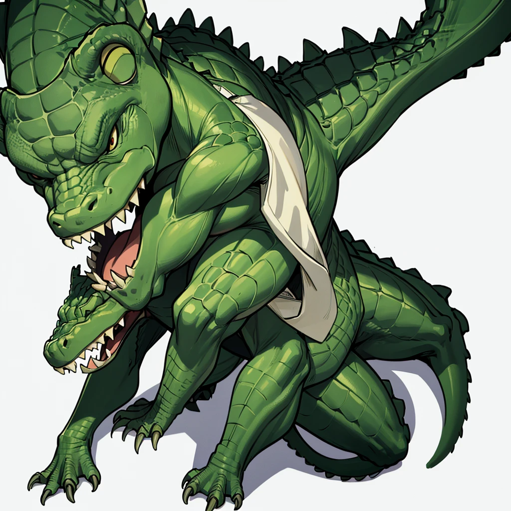 (Full body character concept、group)、8k、Best illustrations、Best Quality、((((No humans)))), reptiles,, green body, Crocodile human, Muscular,、Combat Stance、(Crocodile scales)、From above、(White background)