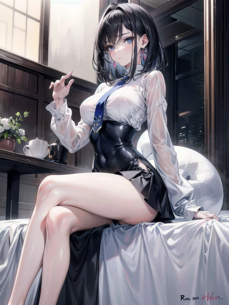 absurdres, RAW photo, extremely delicate and beautiful, masterpiece, Best Quality, ultra high resolution, 32k, hyperrealistic, ultra-detailed, perfect anatomy, anatomically correct, perfect figure, Perfect Style, Perfect balance, super Detailed skin, in her 20s, very Slim body, narrow waist, very small head, very small face, delicate facial features, handsome detailed woman, very detailed eyes and face, realistic face proportions, Realistic beautiful face, Realistic beautiful eyes, tearful mole, earring, very huge round breasts, whole body shot, whole legs, medium hair, asymmetrical hair, indoor, knitted shirt, skirt, tie,
