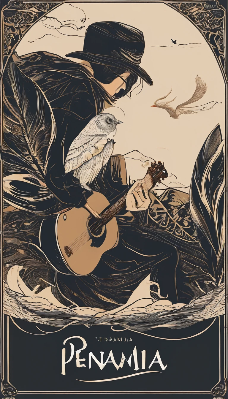Create a minimal, modern, simple, inspirational, memorable, dream like logo design of a boy playing acoustic guitar to a feather for the brand “Penamemoria". The logo design must convey a sense of storytelling, cinematic storytelling, stories and dreams. Logo design impressed on a book cover