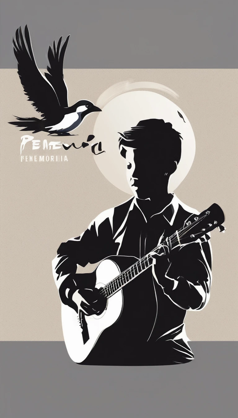 Create a minimal, modern, simple, inspirational, memorable, dream like logo design of a boy playing acoustic guitar to a feather for the brand “Penamemoria". The logo design must convey a sense of storytelling, cinematic storytelling, stories and dreams. Logo design impressed on a book cover