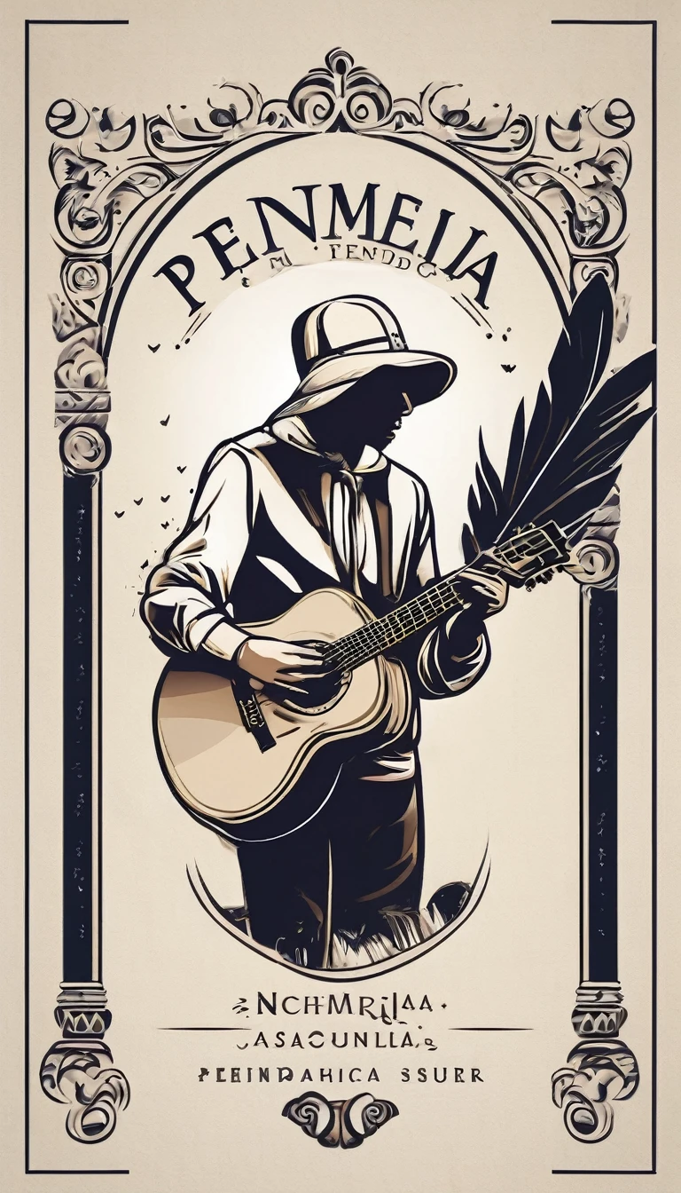 Create a minimal, modern, simple, inspirational, memorable, dream like logo design of a boy playing acoustic guitar to a feather for the brand “Penamemoria". The logo design must convey a sense of storytelling, cinematic storytelling, stories and dreams. Logo design impressed on a book cover
