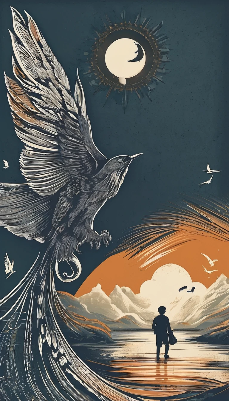 Create a minimal, modern, simple, inspirational, memorable, dream like logo design of a boy playing acoustic guitar to a feather for the brand “Penamemoria". The logo design must convey a sense of storytelling, cinematic storytelling, stories and dreams. Logo design impressed on a book cover