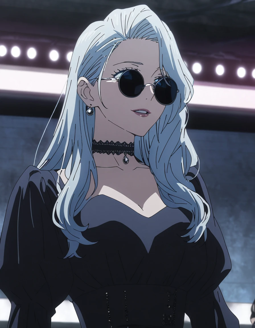 1girl, female gojo satoru, anime screencap from jujutsu kaisen, gojo satoru female version, solo, long_hair, ((Blue eyes)) ((round sunglasses)) ((Silver_hair, hair over ear from one side))((slicked hair)) , night view, upper_body, smile,party hall, parted lips, (long hair) ((wearing black colour prom night outfit, neck choker)) "very detailed and high resolution" (Blue eyes) ((round sunglasses)) ((solo)) (((front view))) (earings) ((high resolution)) ((good quality)) ((silky hair, hair over ear from one side))((hair slicked)) ((parted lips))