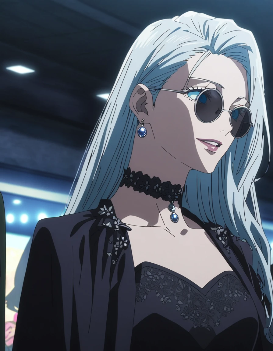 1girl, female gojo satoru, anime screencap from jujutsu kaisen, gojo satoru female version, solo, long_hair, ((Blue eyes)) ((round sunglasses)) ((Silver_hair, hair over ear from one side))((slicked hair)) , night view, upper_body, smile,party hall, parted lips, (long hair) ((wearing black colour prom night outfit, neck choker)) "very detailed and high resolution" (Blue eyes) ((round sunglasses)) ((solo)) (((front view))) (earings) ((high resolution)) ((good quality)) ((silky hair, hair over ear from one side))((hair slicked)) ((parted lips))