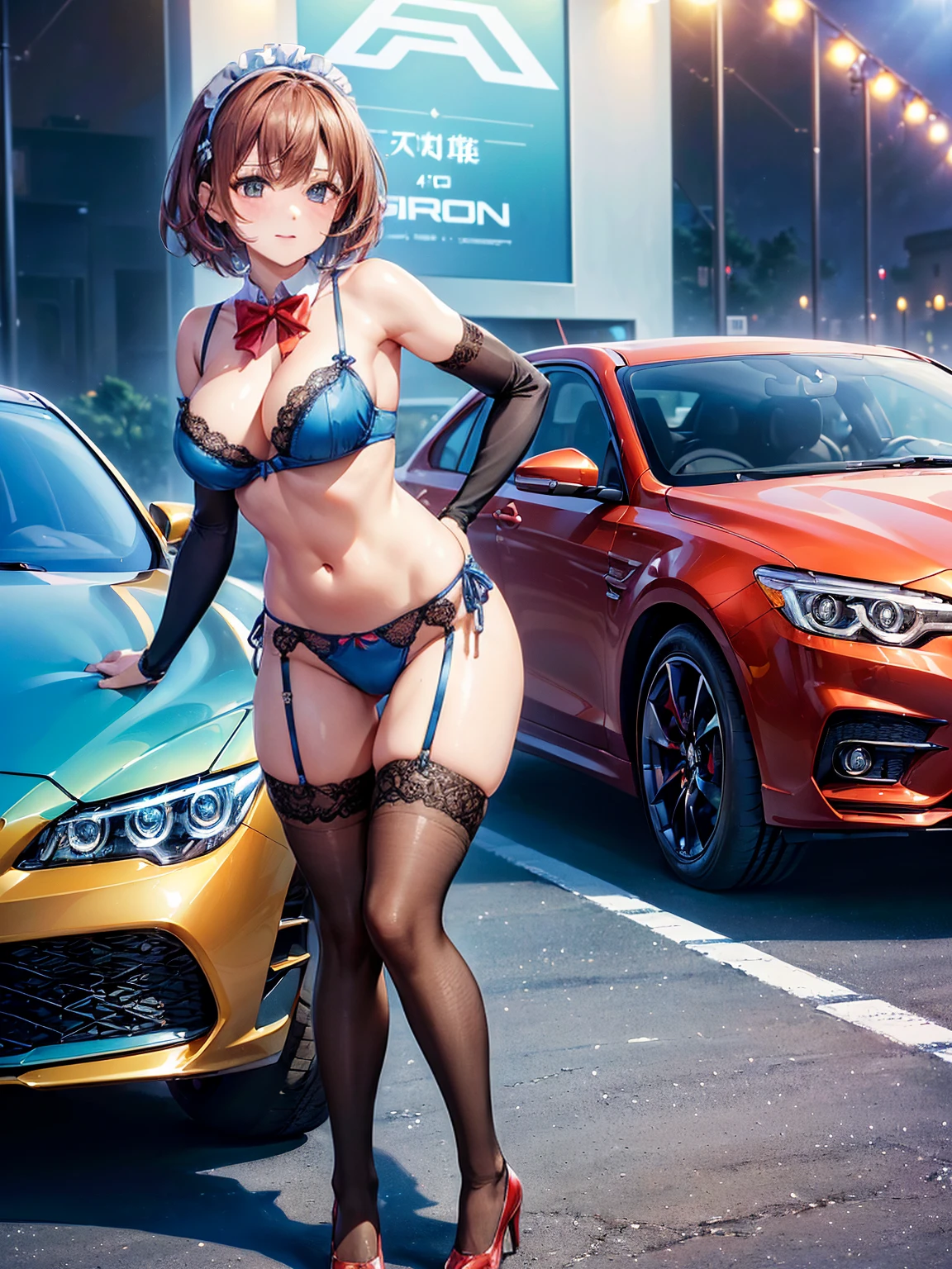 (((masterpiece, Highest quality, High resolution, 超High resolution, Perfect Pixel, Depth of written boundary, 4K, RTTX 10.0))), Beautiful Anime Woman, Beautiful art style, Anime characters, ((Smooth texture, Realistic texture, Anime CG Style)), Perfect and accurate finger count、Exact number of legs、(Exact number of arms:1.0, Exact number of hands:1.0), (Perfect hands, Perfect Anatomy), Cinematic, Realistic, Extremely detailed CG, Daytime lighting, Perfect lighting, Best Shadow, The best natural light, A separate, precisely shaped car, whole body, Perfect body, バランのとれたPerfect body, Perfectly balanced style, Slender body, ((bangs, Reddish brown hair, Bobcut)), ((A pretty adult woman is standing in a sexy pose in front of a car:1.8)), (pussy juice:1.5), ((Bow tie around neck:1.3), (Sexy and cute blue underwear:1.3), (Stylish shiny blue satin panties, Side-tie panties, Panties with plain blue center and lace decoration on the sides:1.3), (Thin panties:1.3), (Blue micro lace satin bra, Blue bra with lace trim, Thin bra:1.3), (garter belt, Garter Strings, Knee socks:1.3):1.3), (Beautiful big , Cleavage:1.1), (Embarrassed expression:1.7), blush, (motor Show, Many visitors in the background, Crowded venue, A show car on display in the background:1.7), naked, In underwear, In underwearのキャンギャル, (Frilly maid-like headband:1.2), Angle from the front