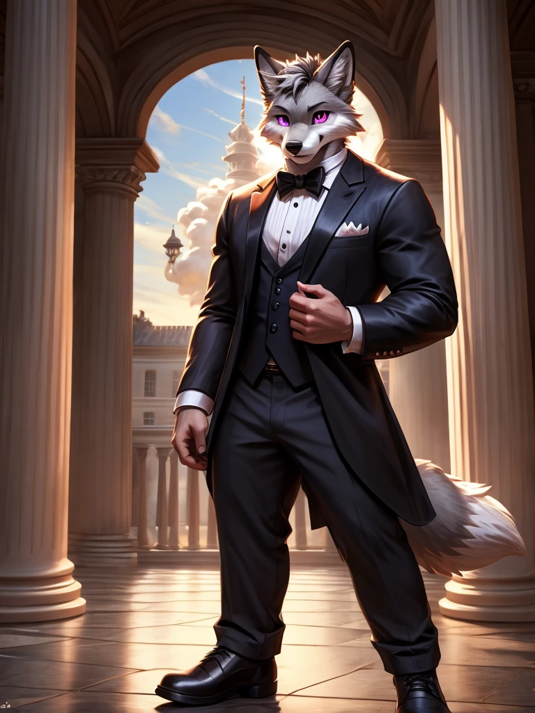 HD, Wallpaper Quality, uber quality, detailed eyes, detailed hair, detailed face, detailed hands, Fox anthro, smoke grey fur, bright blue eyes, (((pink eye details))), white snout, standing, random standing pose, Bigger Build, power lifter Build, Male, man in a butlers outfit, Tuxedo, pocket watch, Mansion Background, White floors, Columns,