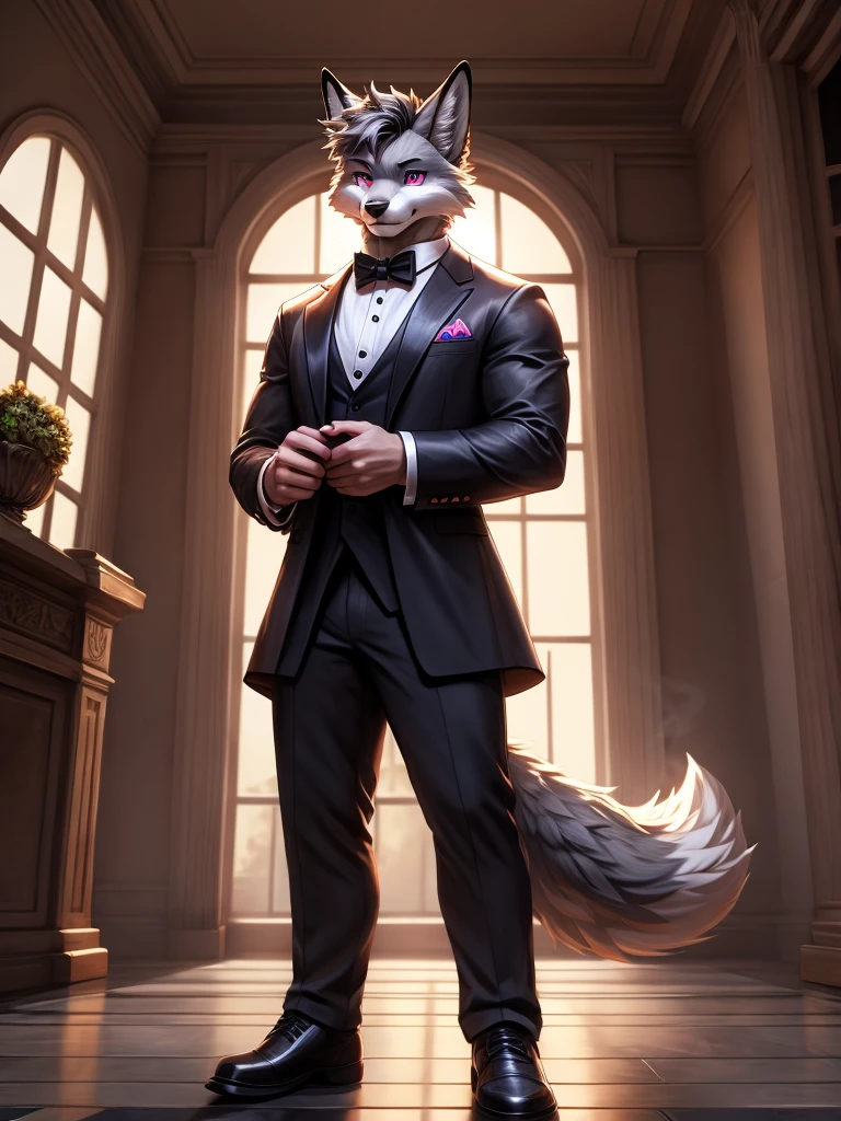 HD, Wallpaper Quality, uber quality, detailed eyes, detailed hair, detailed face, detailed hands, Fox anthro, smoke grey fur, bright blue eyes, (((pink eye details))), white snout, standing, random standing pose, Bigger Build, power lifter Build, Male, man in a butlers outfit, Tuxedo, pocket watch, Mansion Background, White floors, Columns,