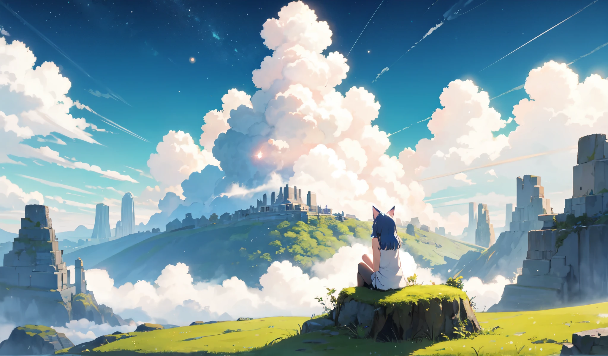 Ghibli Anime Style, front、Cute Kemomimi Girl、From behind,Above the Clouds,Sitting on the moss-covered stage、A view of the magnificent lost city and the giant world tree next to it、Cute Kemomimi Girl、lost city Above the Clouds and towering sky, Magic glowing particles, Fluffy clouds float、A dreamlike sky of vivid colors,Flower field information、Starry Sky