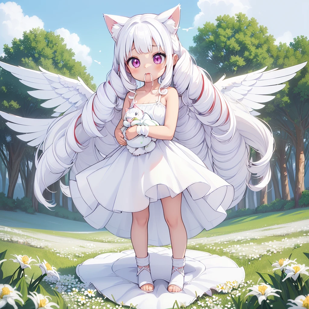 ((One girl)), (Standing diagonally facing forward:1.2), (Slightly bulging chest), (Slightly healthy tanned skin on face), (reddish-purple eyes, (mouth open with joy:1.5)
BREAK
(White cat ears:1.2), Inside the cat ears is paw-colored,
BREAK
(Pure white hair:1.6), (Softly curled pure white hair:1.6), (The hair under the cat ears behind the side hair flows forward and curls strongly on the collarbone:1.6), (Other hair is devided into several strands:1.6), (divided into several drill hair:1.6), (Hair weighs on her shoulders:1.6), (mideum length hair press down on her shoulders:1.6),
BREAK
(Pure white wings on upper body:1.2), (straight wings:1.3), (wings are small and short like a  bird:2.0), 
BREAK
(simple dress made entirely of white:1.5), (dress with slightly exposed shoulders:1.1), (waist tied with string:1.3), (plenty of gathers below the waist:1.4), (dress reaches the knees:1.6), petticoat is white or absent,
BREAK
(wide green grassland:1.6), (lots of white flowers:1.6), (wide clear blue sky:1.4)