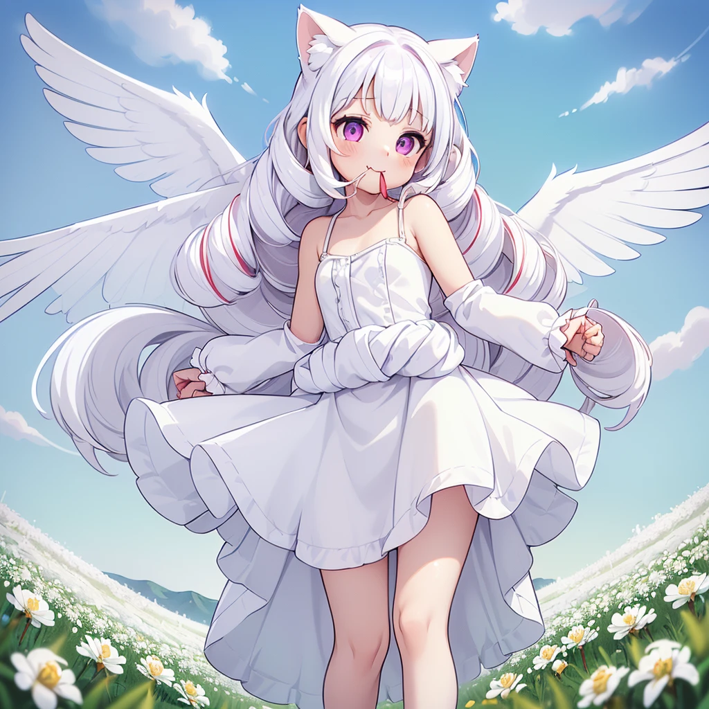 ((One girl)), (Standing diagonally facing forward:1.2), (Slightly bulging chest), (Slightly healthy tanned skin on face), (reddish-purple eyes, (mouth open with joy:1.5)
BREAK
(White cat ears:1.2), Inside the cat ears is paw-colored,
BREAK
(Pure white hair:1.6), (Softly curled pure white hair:1.6), (The hair under the cat ears behind the side hair flows forward and curls strongly on the collarbone:1.6), (Other hair is devided into several strands:1.6), (divided into several drill hair:1.6), (Hair weighs on her shoulders:1.6), (mideum length hair press down on her shoulders:1.6),
BREAK
(Pure white wings on upper body:1.2), (straight wings:1.3), (wings are small and short like a baby bird:2.0),
BREAK
(simple dress made entirely of white:1.5), (dress with slightly exposed shoulders:1.1), (waist tied with string:1.3), (plenty of gathers below the waist:1.4), (dress reaches the knees:1.6), petticoat is white or absent,
BREAK
(wide green grassland:1.6), (lots of white flowers:1.6), (wide clear blue sky:1.4)