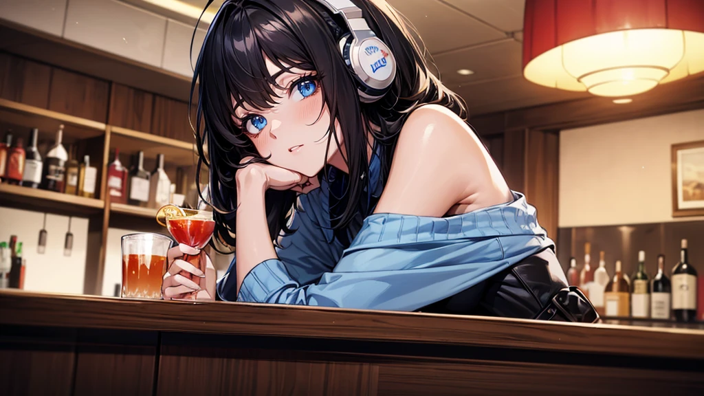 ((UHD, super detail, best quality, highres)),black hair, hair over shoulder, medium hair, blue eyes, (headphones), anime, anime style, (Relax with a drink at the bar counter),(There is alcohol by the side)