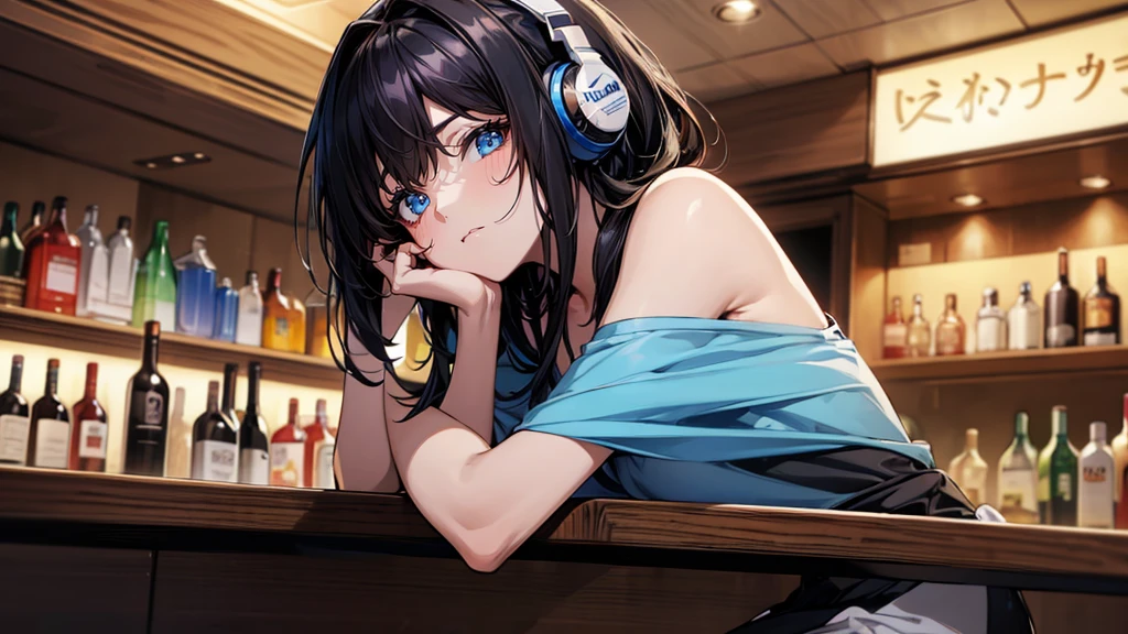 ((UHD, super detail, best quality, highres)),black hair, hair over shoulder, medium hair, blue eyes, (headphones), anime, anime style, (Relax with a drink at the bar counter),(There is alcohol by the side)